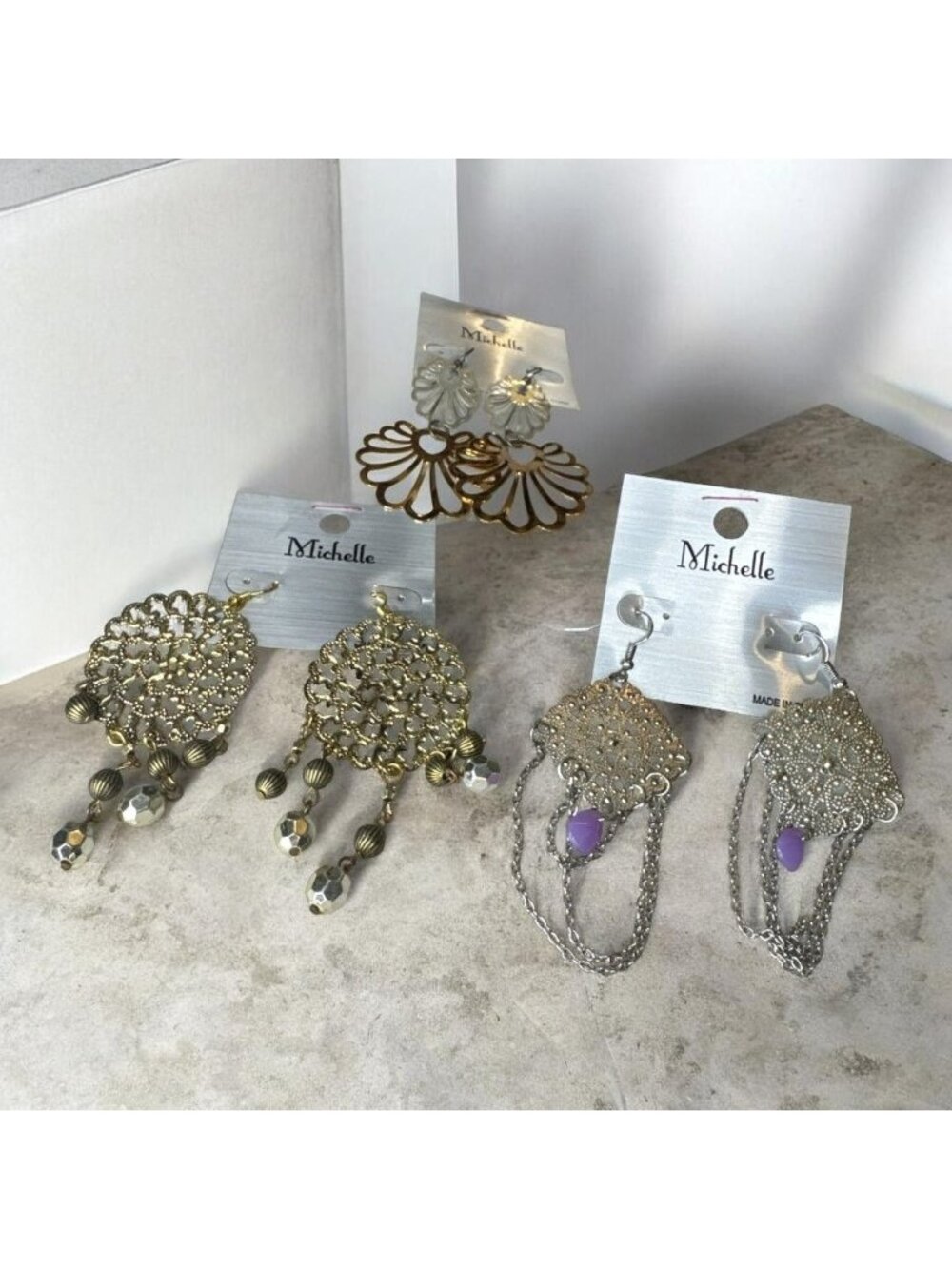 Michelle Dangle Earrings Set 3 Pairs Gold & Silver-Tone Lightweight Metalwork Fi